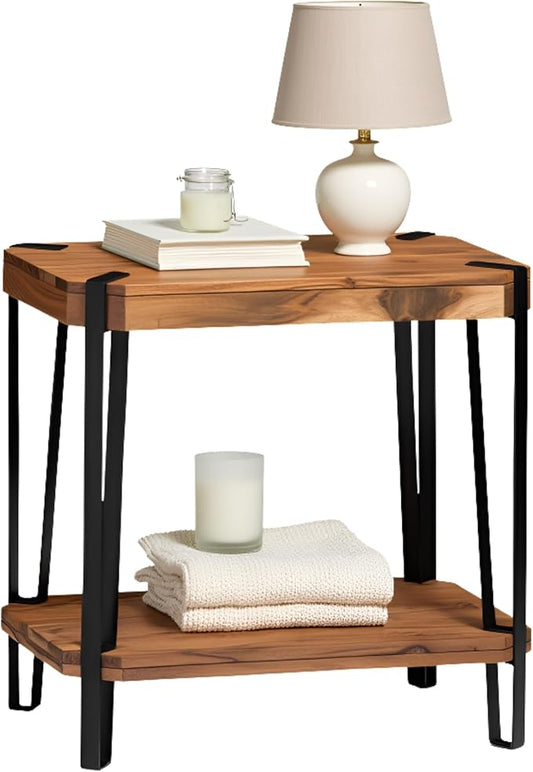 Ryegate Live Edge End Table with Storage – 2-Tier Solid Acacia Wood Side Table with Metal Frame and Lower Shelf – Industrial Accent Table for Living Room or Bedroom by Alaterre Furniture