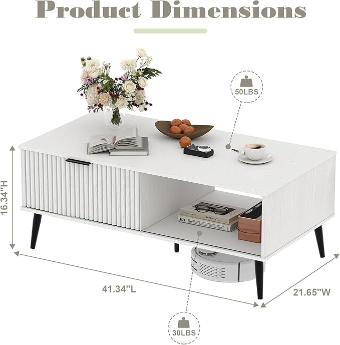 41.34''D Coffee Table, 2-Tiers Farmhouse Coffee Tables With Storage and Sliding Wave Pattern Door, Modren Tea Table, Wooden Dining Center Tables for Living Room, Office, Bedroom, Outdoors, White
