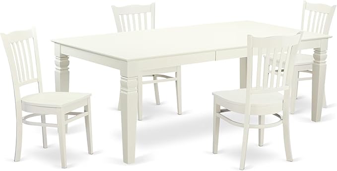 East West Furniture LGGR5-LWH-W 5 Piece Dining Room Table Set Includes a Rectangle Wooden Table with Butterfly Leaf and 4 Kitchen Dining Chairs, 42x84 Inch, Linen White