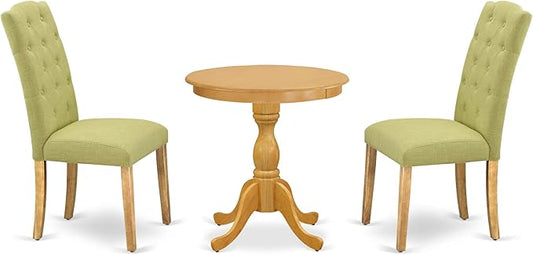 East West Furniture ESCE3-OAK-07 3 Piece Dinette Set for Small Spaces Contains a Round Dining Table with Pedestal and 2 Limelight Linen Fabric Upholstered Chairs, 30x30 Inch, Oak