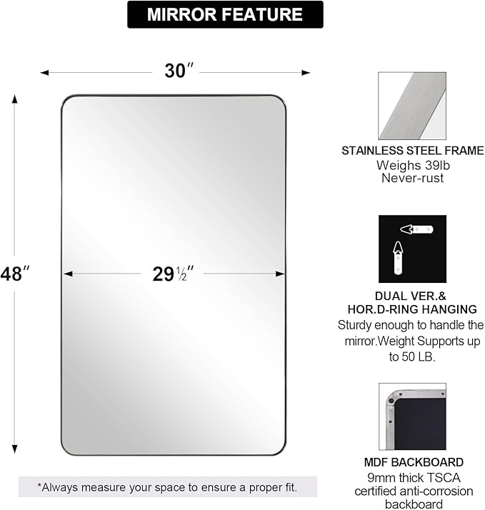 ANDY STAR 30"x48" Brushed Nickel Bathroom Mirror, Large Wall Mirror for Bathroom, Rounded Rectangle Mirror in Premium Stainless Steel Metal Frame Hangs Horizontal Or Vertical