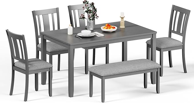 6-Piece Wooden Dining Table Set, Dining Table Set for 6, Including 1 Dining Table, 4 Upholstered Chairs and 1 Bench, Wooden Legs Dining Table, Table Set for Dining Room & Kitchen, Grey