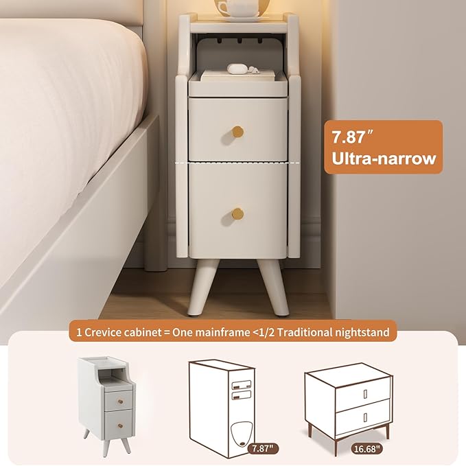 Small Nightstand with Drawers, Solid Wood Bedside Table, Narrow White Nightstand for Bedroom