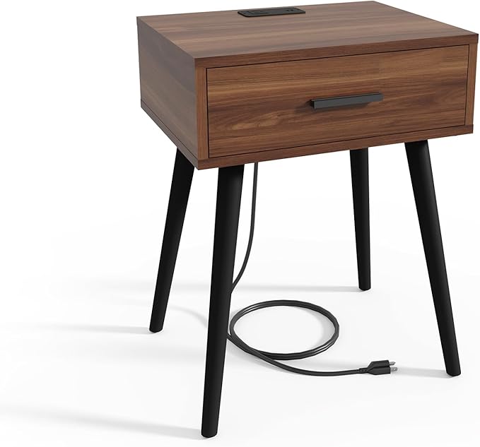 HAIOOU Set of 2 Mid Century Nightstand with Charging Station, End Table Modern Side Table One Drawer with Premium Matte Black Handle and Pine Wood Legs for Home Bedroom Living Room (NS003X)