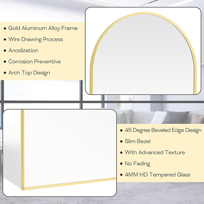 28" x 36" Gold Arched mirror, Large Arch Bathroom Vanity Wall Mirror, Modern Aluminum Alloy Metal Frame Arch Mirror for Bathroom, Living Room, Bedroom, Entryway, Tempered Glass, Shatter Proof