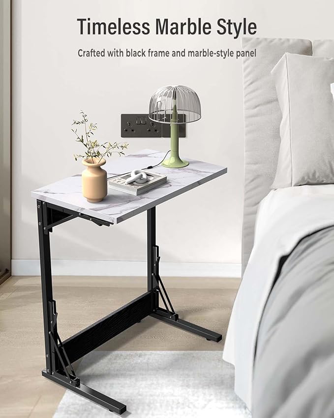 Tatub 24" Folding TV Tray Table, Marble C Shaped End Table for Couch, Small Sofa-Side Laptop Desk with Black Metal Frame for Living Room, Bedroom, Bedside
