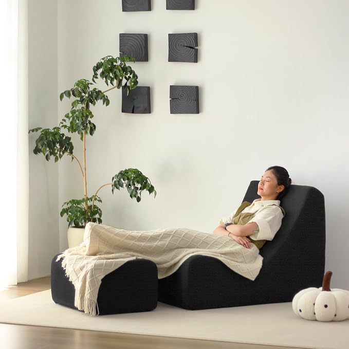 N&V Bean Bag Chair Single Seated Foam Sofa Armless Floor Sofa with High Density Foam Removable and Machine Washable Cover (Black, Large, Corduroy Stripes)