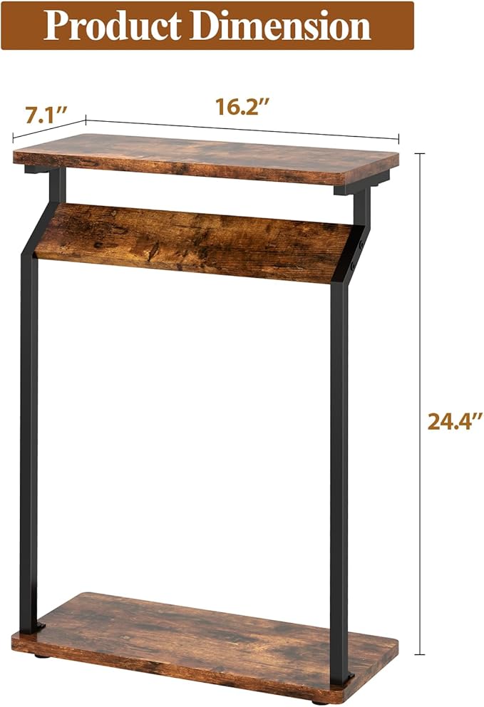 Narrow Side Table for Small Spaces, End Table for Couch, Slim Couch Tray Tables, Skinny Thin End Tables for Living Room, Bedroom, Rustic Brown