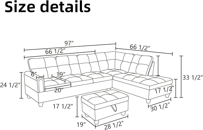 L Shaped Sectional Couches for Living Room, Modern Modular Sectional Sofa with Ottoman Storage, Comfy L Shaped Couch with Chaise for Bedroom Apartment Furniture, Gray