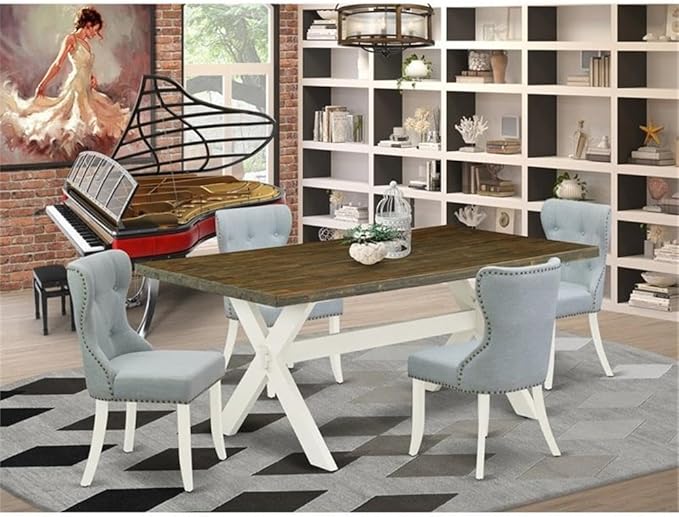 East West Furniture X077SI215-5 5 Piece Kitchen Table & Chairs Set Includes a Rectangle Dining Table with X-Legs and 4 Baby Blue Linen Fabric Parson Chairs, 40x72 Inch, Multi-Color