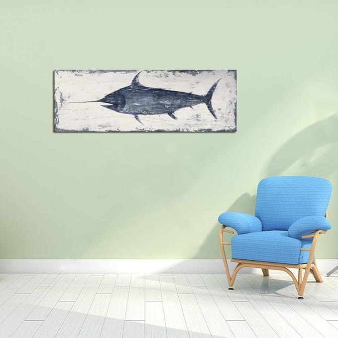Yihui Arts Nautical Canvas Wall Art Animal Pictures Hand Painted Swordfish Paintings Ancient Ocean Seascape Coatal Artwork for Living Room Decoration