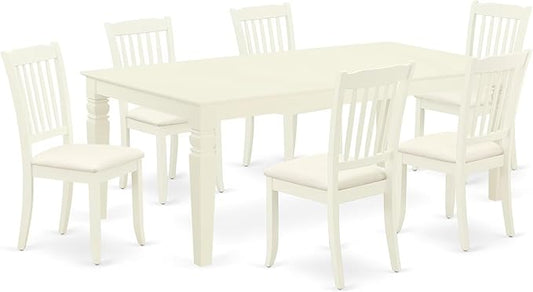 East West Furniture LGDA7-LWH-C 7 Piece Modern Dining Table Set Consist of a Rectangle Wooden Table with Butterfly Leaf and 6 Linen Fabric Dining Room Chairs, 42x84 Inch, Linen White