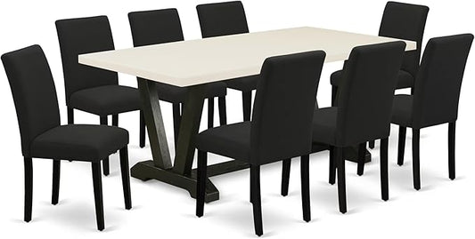 East West Furniture V627AB624-9 9 Piece Dining Table Set Includes a Rectangle Dining Room Table with V-Legs and 8 Black Color Linen Fabric Parsons Chairs, 40x72 Inch, Multi-Color