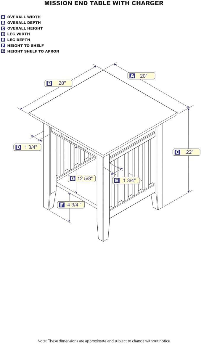 AFI, Mission End Table with Charging Station, White