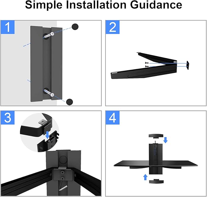 suptek Glass Floating Shelf, 1 Tier Media Shelf for TV Accessories, Flat Black Wall Mount Bracket, 17.6lbs Weight Capacity, Quick Installation, Cable Management, Custom Style, Backless