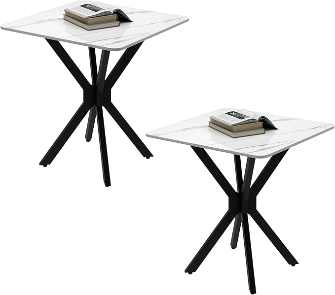 Square Side Table Set of 2, Modern Stylish End Table with Faux Marble Top and Black Metal Legs,Durable Sofa Side Table for Living Room Bedroom