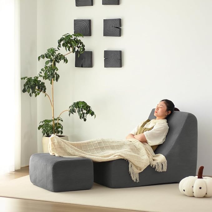 N&V Bean Bag Chair Single Seated Foam Sofa Armless Floor Sofa with High Density Foam Removable and Machine Washable Cover (Grey, Large, Corduroy Stripes)