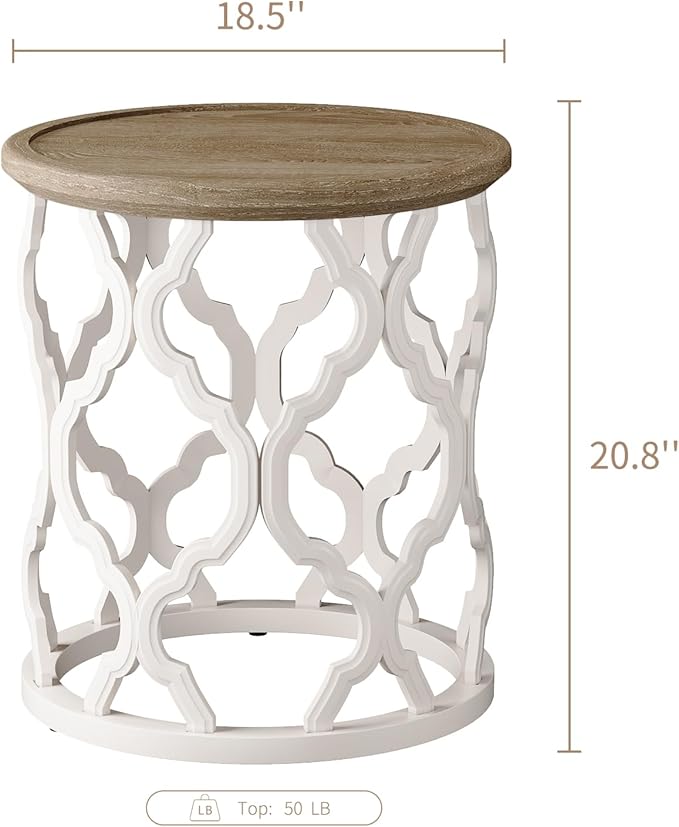 Farmhouse End Table, 18.5'' French Country Round Side Table, Distressed Tray Top Wood Side Table with Curved Motif Frame Base for Boho, End Tables Living Room, Bedroom, Small Space, Easy Assembly