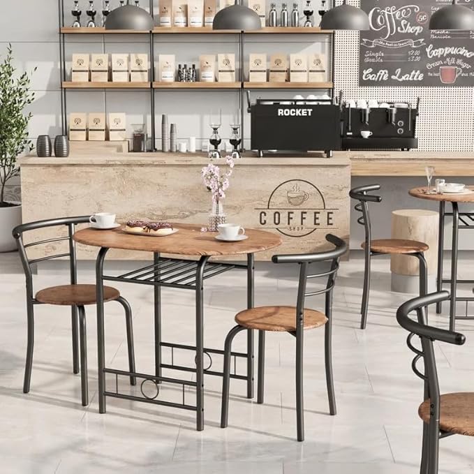 Shahoo 3-Piece Wooden Dining Table Set, Kitchen Breakfast Nook Sets with 2 Chairs & Round Tabletop, Space Saving Furniture Metal Frame and Built-in Wine Rack, Brown