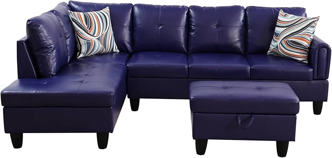 NicBex Sectional Couch 3 Pieces Sofa Set with Right Chaise Faux Leather L Shaped Cloud Couch for Living Room Furniture Sets with Storage Ottoman, Modular Sofa for Living Room & Apartment, Indigo