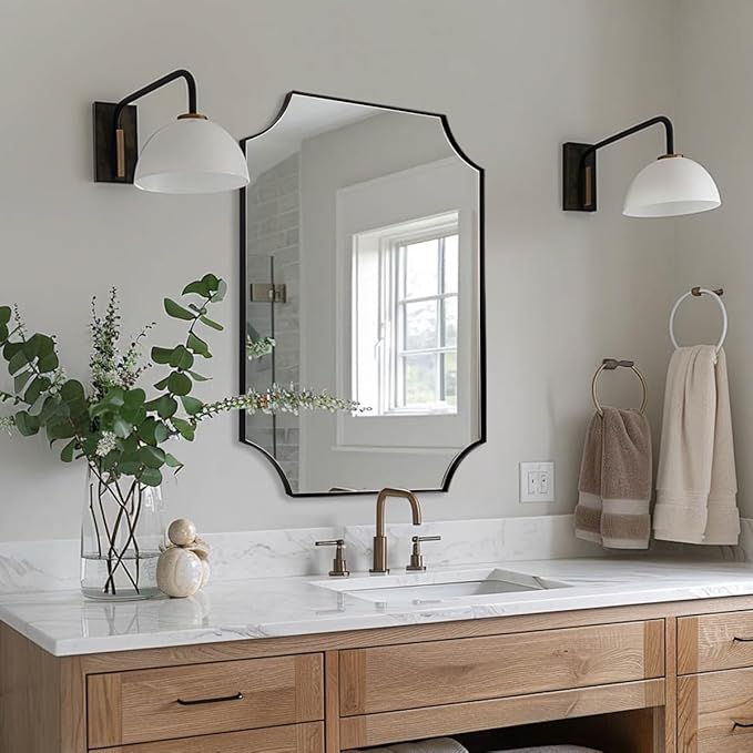 ANDY STAR 24x36 Inch Black Mirror, Matte Black Scalloped Wall Mirror, Modern Black Framed Mirror with Sophisticated Scalloped Design, Glass Panel Wall-Mounted Mirror Hangs Vertical or Horizontal