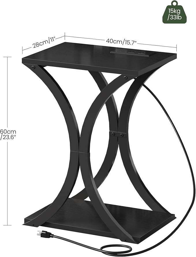 End Table with Charging Station, 2-Tier Modern Side Table Set of 2, Nightstand with Storage Shelf, for Small Spaces, for Bedroom, Living Room, Home Office, Black TBZ20UP2BB