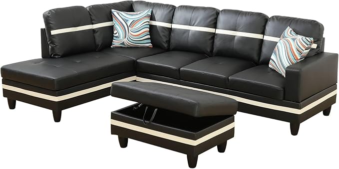 NicBex Sectional Couch 3 Pieces Sofa Set with Right Chaise PU Synthetic Leather L Shaped Cloud Couch for Living Room Furniture Sets with Storage Ottoman, Modular Sofa for Apartment, Black+White