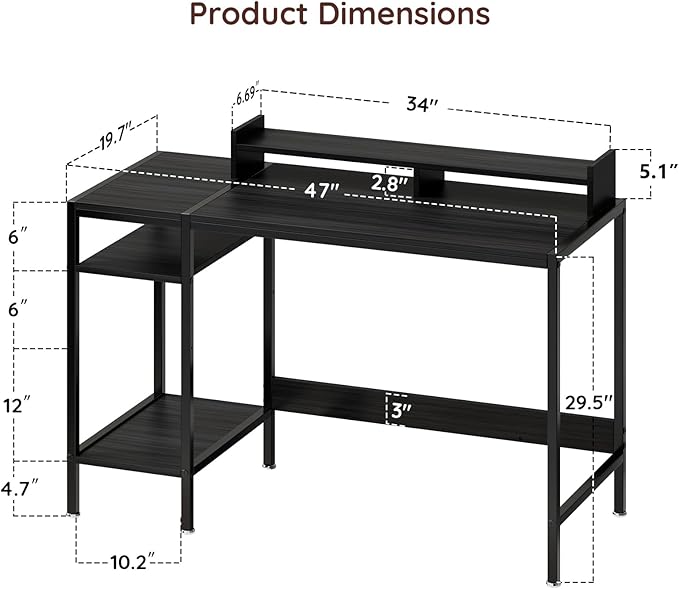 Computer Gaming Desk with Monitor Stand, Home Office Desk Suitable for 2 Monitors, Writing Desk with Adjustable Storage Space,Sturdy and Durable Modern Small Desk (Black, 47 inchs)