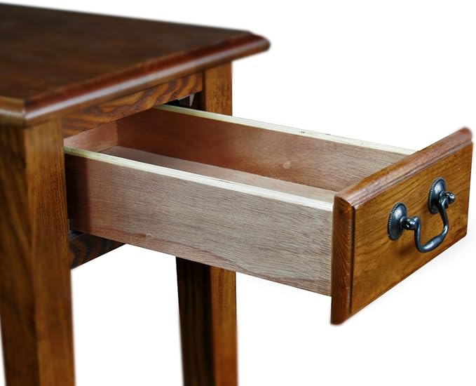 Haven Ridge Solid Wood Side Table with Built-In Swing Arm Lamp and Drawer, Medium Oak Brown, Perfect for Entryways, Living Rooms, and Small Spaces – Leick Home, 9037-MED