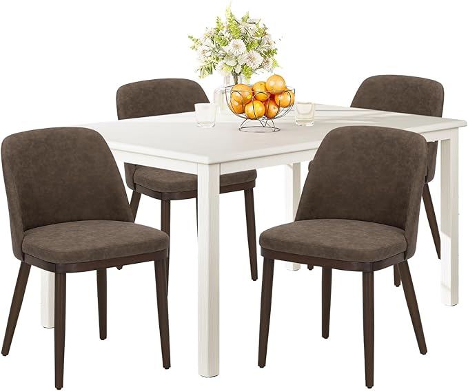 COLAMY 60 Inch Rectangular Kitchen Dining Table for 4, Modern Farmhouse Dining Table Set for 4, Wood Dining Table and Upholstered Dining Chairs for Kitchen, Dining Room, Restaurant, White/Dark Brown