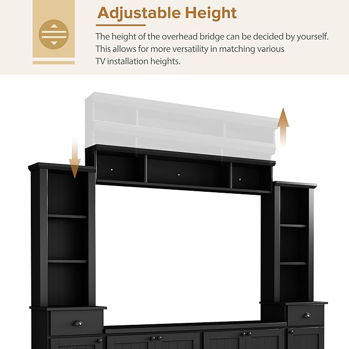 Merax Modern TV Stand Set with Adjustable Bridge for TVs Up to 75", Storage Media Console & Wall Units - Minimalist Entertainment Center for Living Room, Black