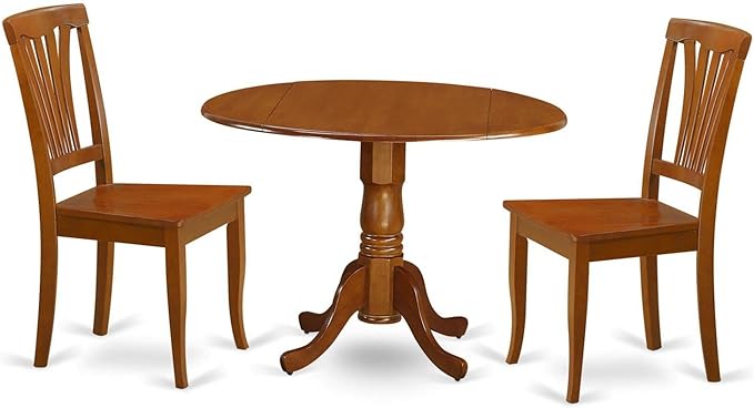 East West Furniture DLAV3-SBR-W 3 Piece Dining Table Set for Small Spaces Contains a Round Dining Room Table with Dropleaf and 2 Wood Seat Chairs, 42x42 Inch, Saddle Brown