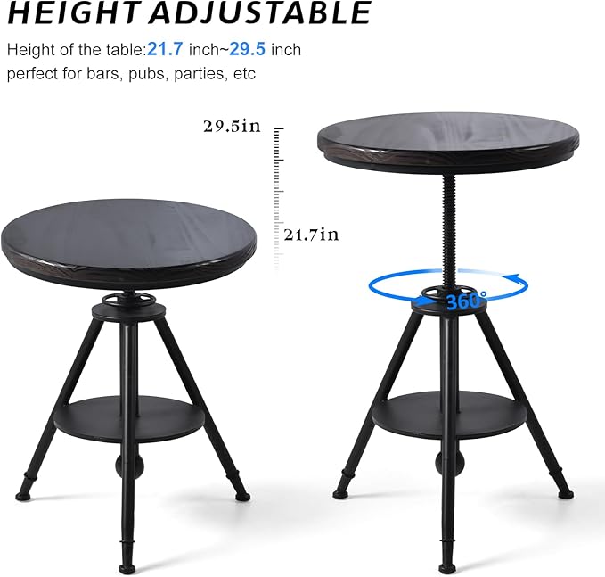 Industrial Vintage Cafe Farmhouse Dining Table - Rustic Round Wooden Top, Height Adjustable 21-29in