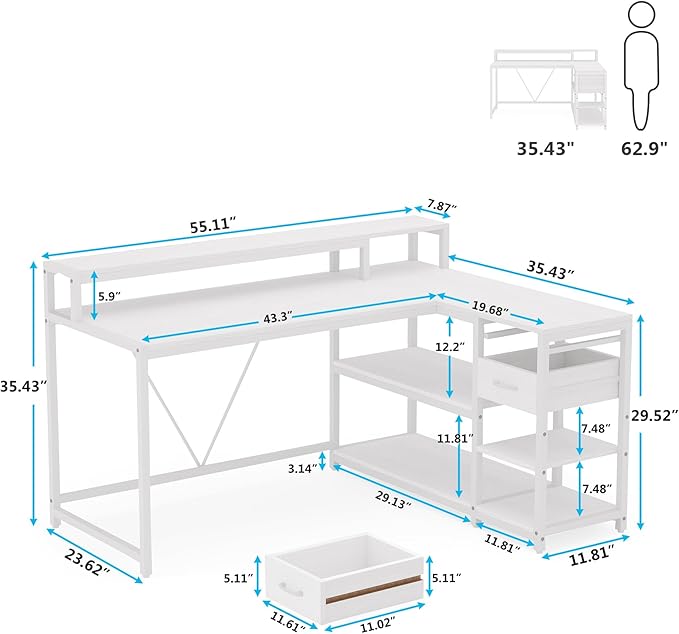 Tribesigns 55-inches Reversible L Shaped Desk with Drawer, Modern White L Corner Desk Home Office Table with Storage Shelves and Monitor Stand, Wooden and Metal PC Desk for Small Space