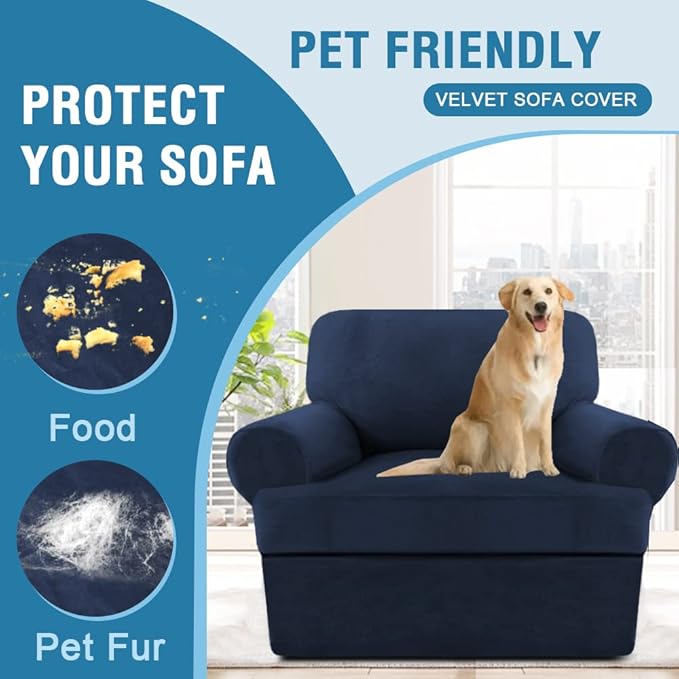 H.VERSAILTEX Sofa Cover 2 Piece T Cushion Armchair Slipcovers Thick Velvet Couch Cover Furniture Protector Stretch T Cushion Sofa Covers for 1 Cushion Couch with 1 Individual T Cushion Covers, Navy