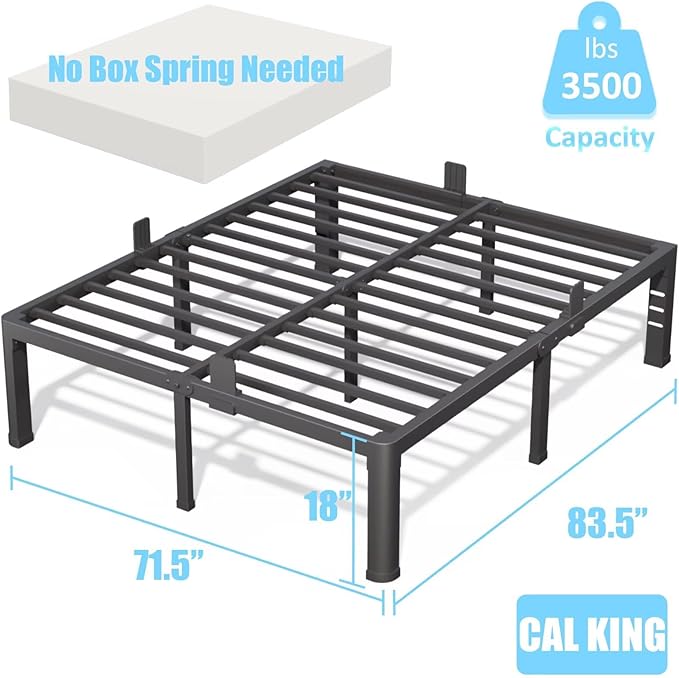 18 Inch California King Bed Frame with Rounded Corner and Headboard Hole Mattress Retainers 3500 LBS Metal Heavy Duty Steel Slats Support No Box Spring Needed Platform Noise Free Easy Assembly