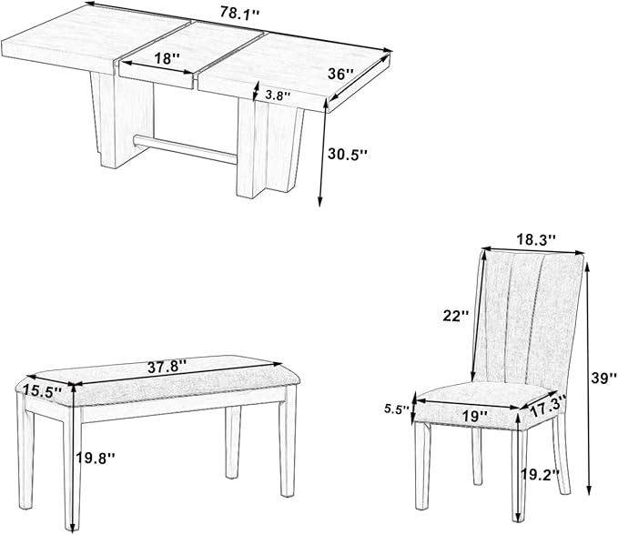 Ball & Cast 6 Piece Farmhouse Dining Table Set with Extendable Table,4 Upholstered Chairs & 1 Bench,Wooden Kitchen Table Set of 6,Backrest Chair with Table & Upholstery-Bench,for Dining Room,Gray