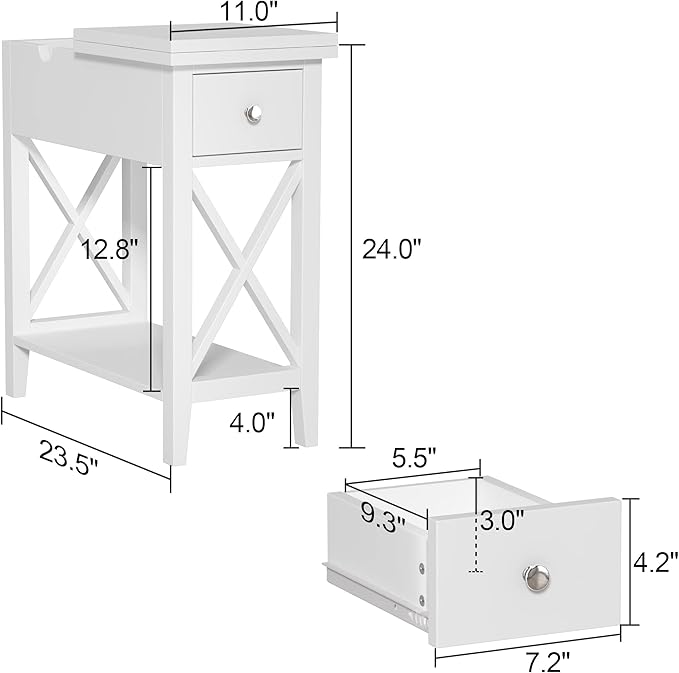 ChooChoo End Table, MDF Material Flip Top Narrow End Table with Drawer, Accent Small Side Table Nightstand for Living Room, Bedroom, and Small Spaces - White