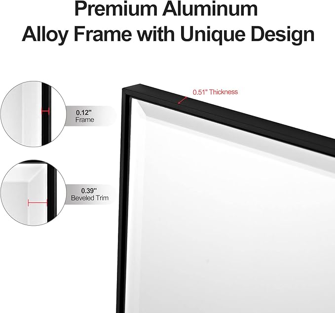 30x36 Inch Black Mirror with Beveled Trim, Aluminum Frame Bathroom Vanity Mirror, Copper-Free Mirror, Rectangle Wall Mounted Mirror, Modern Rectangular Mirror Horizontal or Vertical