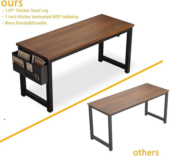 Large Computer Desk - 63 Inch Home Office Desks Study Student Writing Table Gaming Desk Wood Modern Simple Table with Storage Bag & Headphone Hooks, Brown