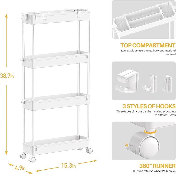 SPACELEAD Slim Storage Cart 4 Tier,Bathroom Organizer Rolling Utility, Mobile Shelving Unit Slide Out for Office, Kitchen, Laundry Room & Narrow Places,White