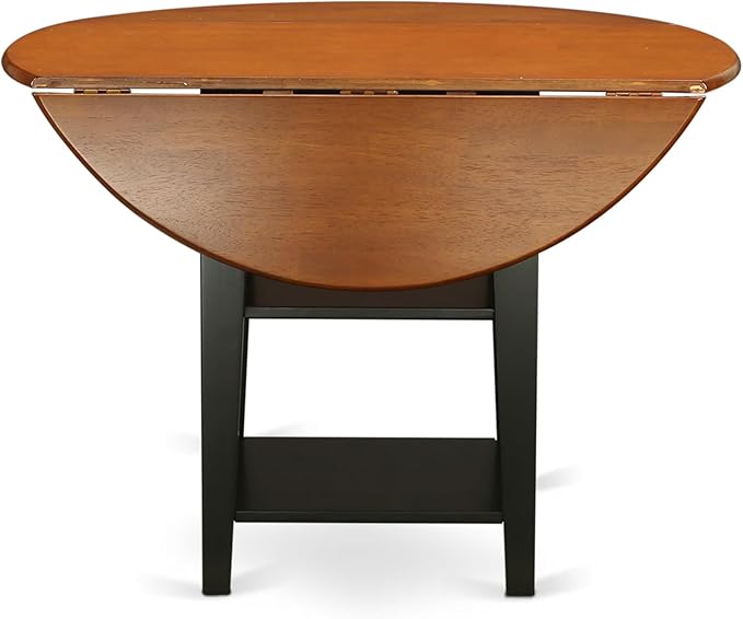 East West Furniture SUAN5-BCH-C 5 Piece Kitchen Table & Chairs Set Includes a Round Dining Table with Dropleaf & Shelves and 4 Linen Fabric Dining Room Chairs, 42x42 Inch, Black & Cherry