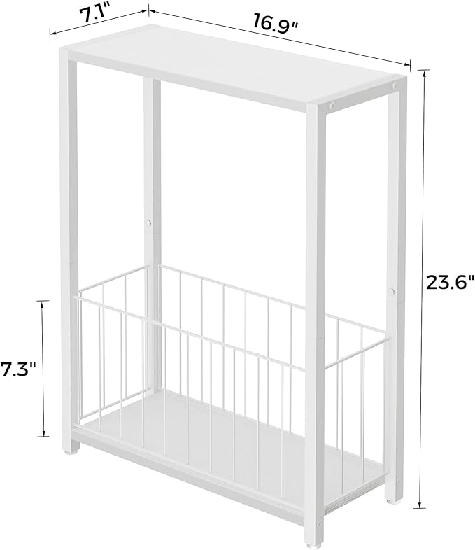 Narrow Side Tables Set of 2 with Magazine Holder, Skinny End Tables Perfect for Small Spaces, Space-Saving Design for Living Room, Bedroom, or Office, 7.1" D x 16.9" W x 23.6" H, White