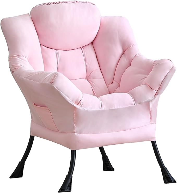 LITA Lazy Chair with Ottoman, Modern Accent Leisure Upholstered Sofa, Contemporary Lounge Reading Chair with Armrests and a Side Pocket for Living Room, Bedroom & Small Space, Single Pink