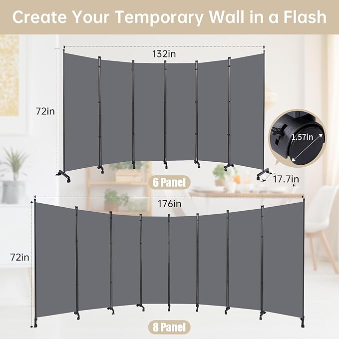 Room Divider 6 Panel Room Dividers/Wheels, Fabric Room Divider Panel for Office Room Partitions and Dividers, Portable Partition Wall Divider for Room Separation, Privacy Screen