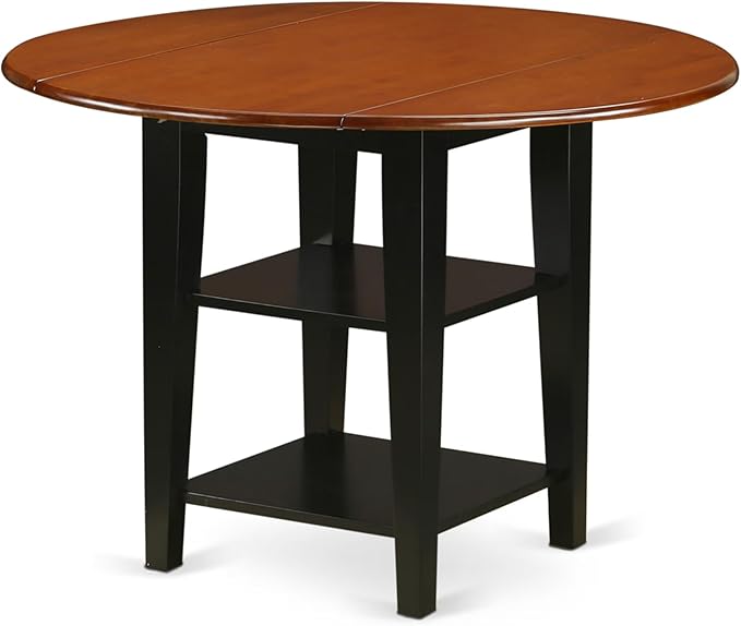 East West Furniture SUAN3-BCH-C 3 Piece Dining Room Table Set Contains a Round Kitchen Table with Dropleaf & Shelves and 2 Linen Fabric Upholstered Chairs, 42x42 Inch, Black & Cherry