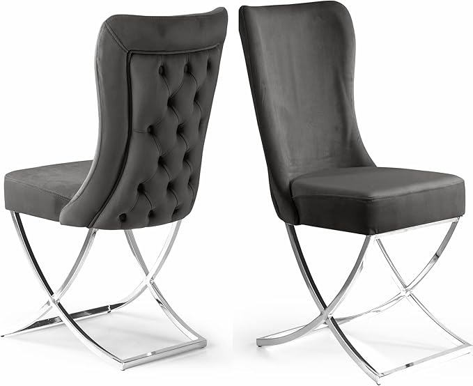 Ottomanson Royal Dining Chairs Set of 8 – Upholstered Tufted Microfiber, Assembled, Silver Metal Legs, Beech Wood Frame, 350 lb Capacity, Gray