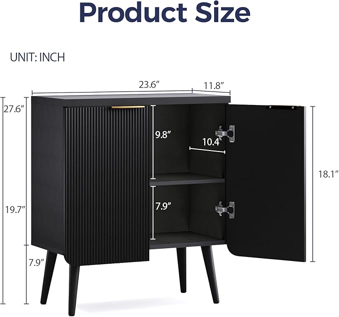 Fluted Buffet Cabinet – Modern Wood Sideboard with 2-Doors & Shelves, Multifunctional Storage Cabinet & Credenzas for Entryway, Dining & Living Room, Black