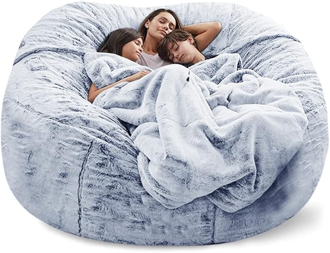 Giant Fur Bean Bag Chair Cover for Kids Adults, (No Filler) Living Room Furniture Big Round Soft Fluffy Faux Fur Beanbag Lazy Sofa Bed Cover (Snow Grey, 7FT)