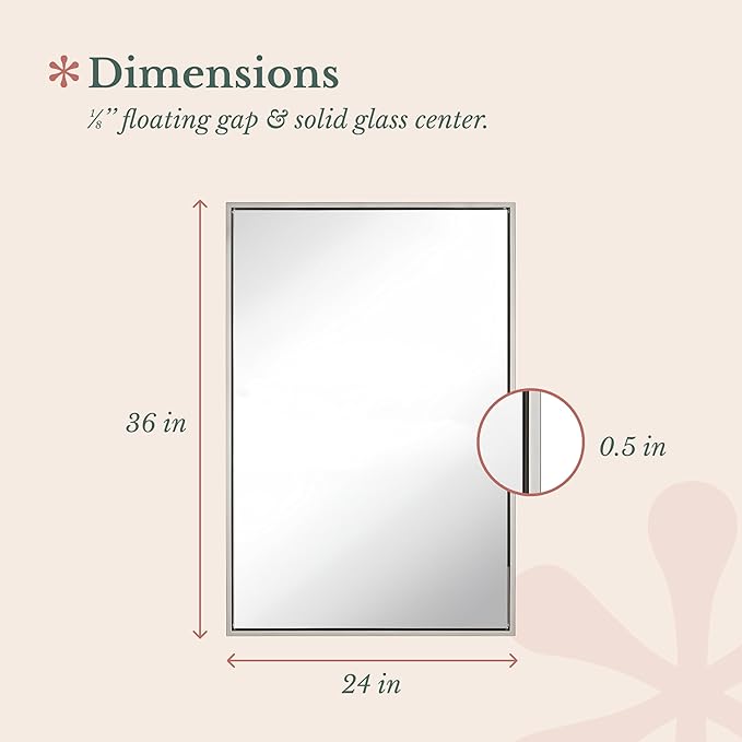 Hamilton Hills 24x36 inch Polished Silver Metal Framed Wall Mounted Mirror - Large Rectangular Wall Mirrors for Bathroom - 1/2 inch Floating Frame Vanity Nickel Glass - Hangs Horizontal or Vertical